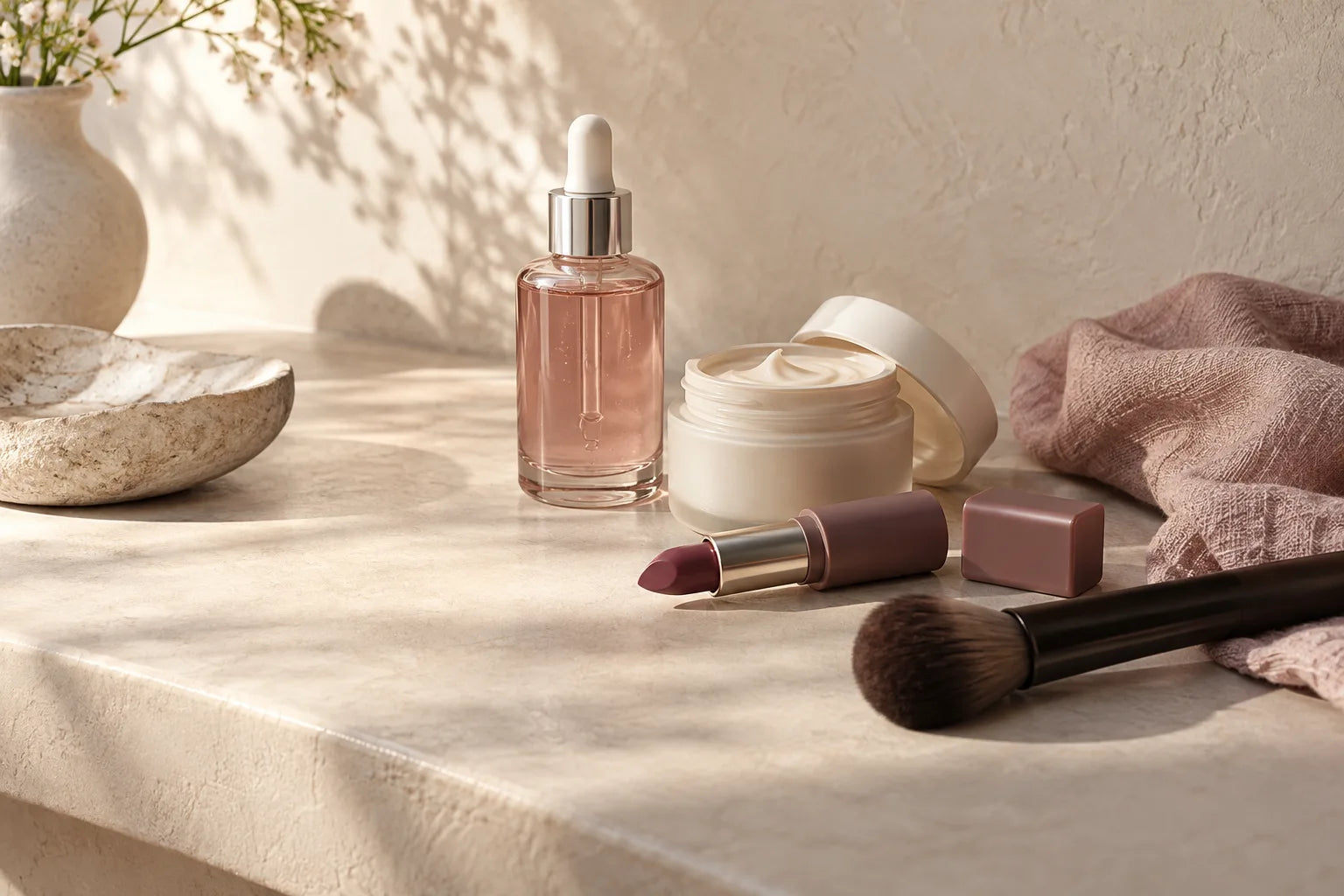 Skincare, lipstick and a makeup brush arranged on a cream vanity with rose linen